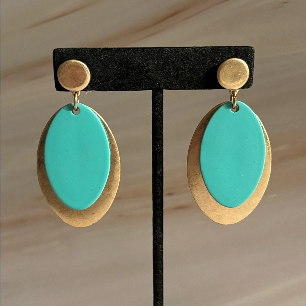 Carol Dauplaise Brass & Turquoise Panel Drop Earrings 1-3/4”